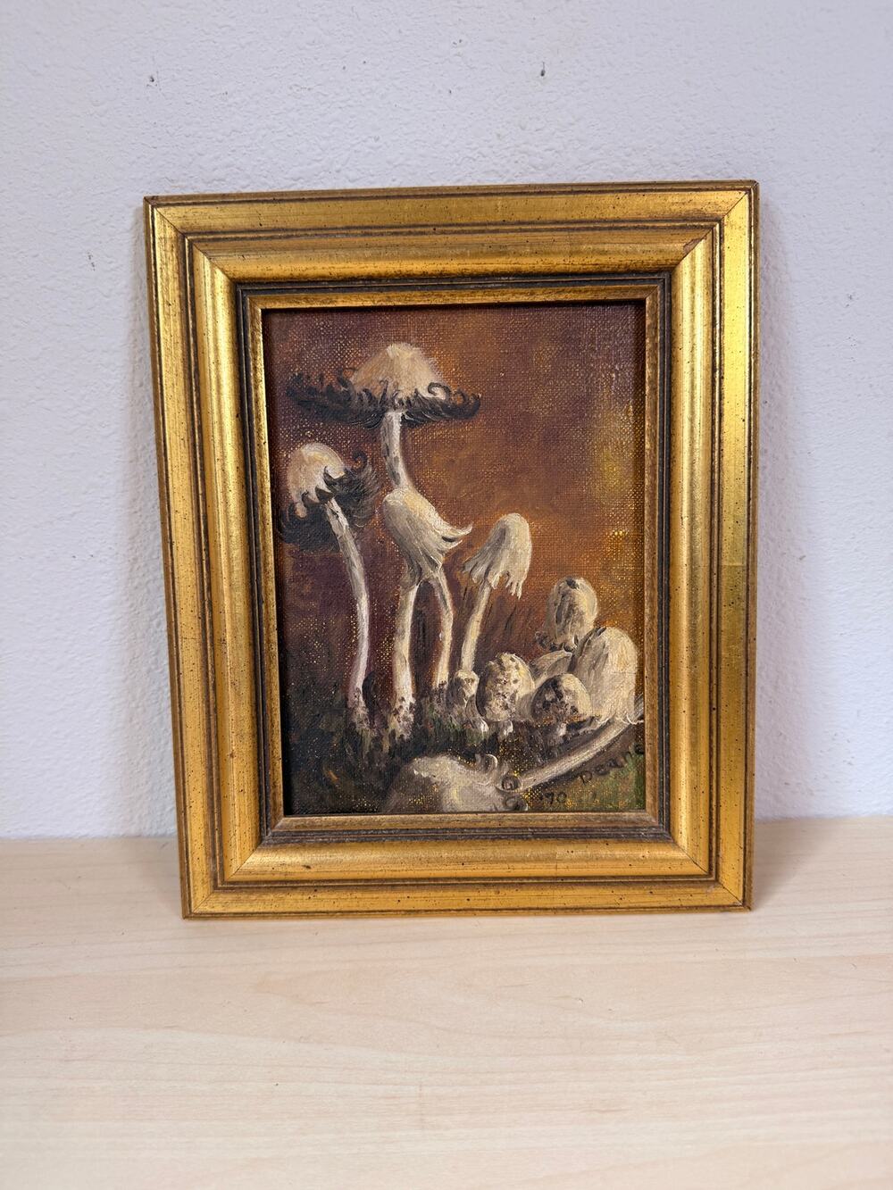 Vtg Mushroom Oil Painting Framed Original Signed 70s Mid Century Cottagecore Art